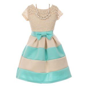 Little Girls Elegant Short Sleeve Lace Top Stripe Easter Party Flower Girl Dress